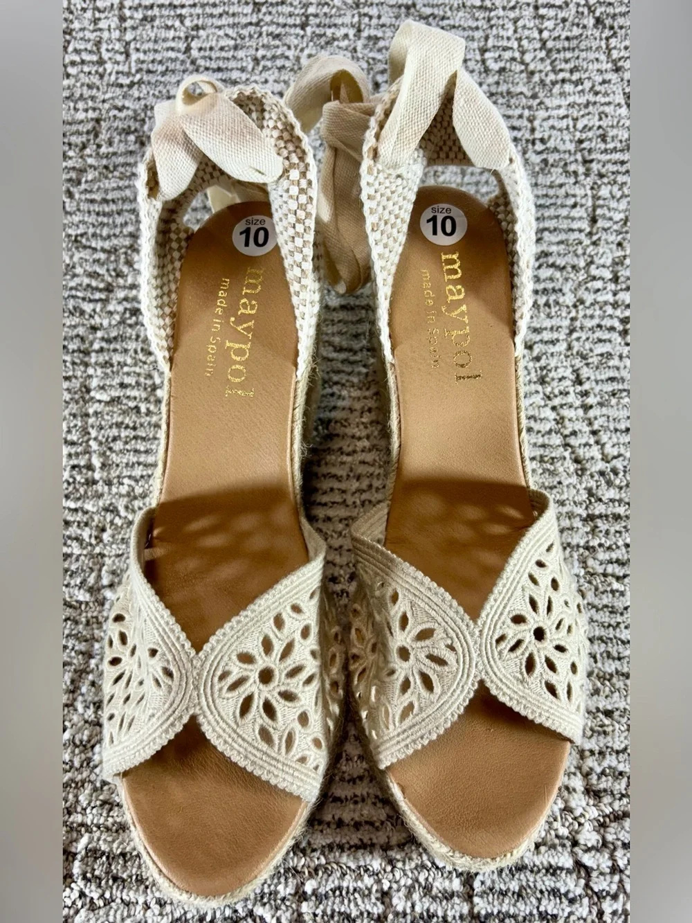 NEW Maypol Women’s Size 10 Beige Lace-Up Crochet Espadrille Wedge Sandals